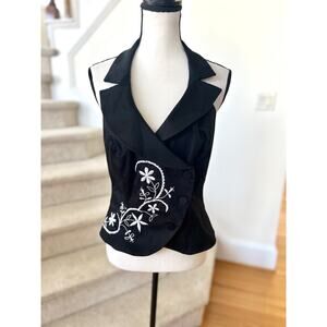 Vintage Y2K Cache Black White Floral Embroidered Beaded Halter Tuxedo Vest